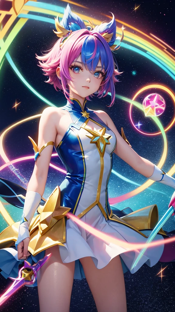 A vibrant anime-style magical girl with rainbow-colored hair, wearing a futuristic costume with glowing accents, wielding a star-shaped wand, surrounded by floating holographic symbols and sparkles