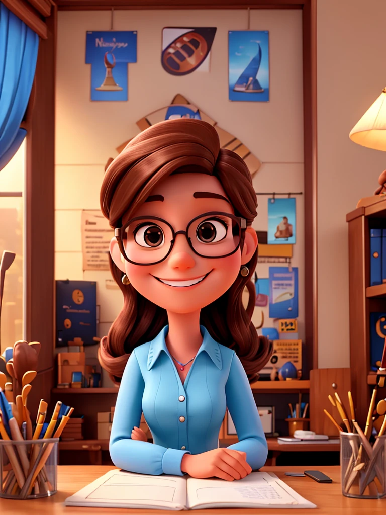 A 3d poster in Disney-Pixar Style of brown haired woman wearing glasses smiling in a room sitting in her office great quality and details