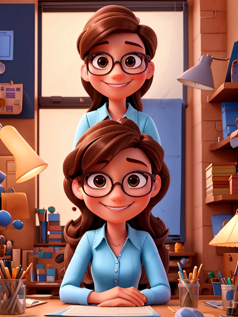 A 3d poster in Disney-Pixar Style of brown haired woman wearing glasses smiling in a room sitting in her office great quality and details