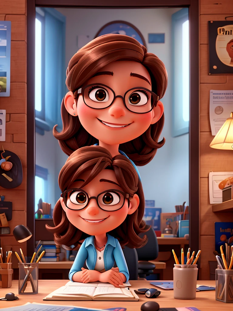 A 3d poster in Disney-Pixar Style of brown haired woman wearing glasses smiling in a room sitting in her office great quality and details