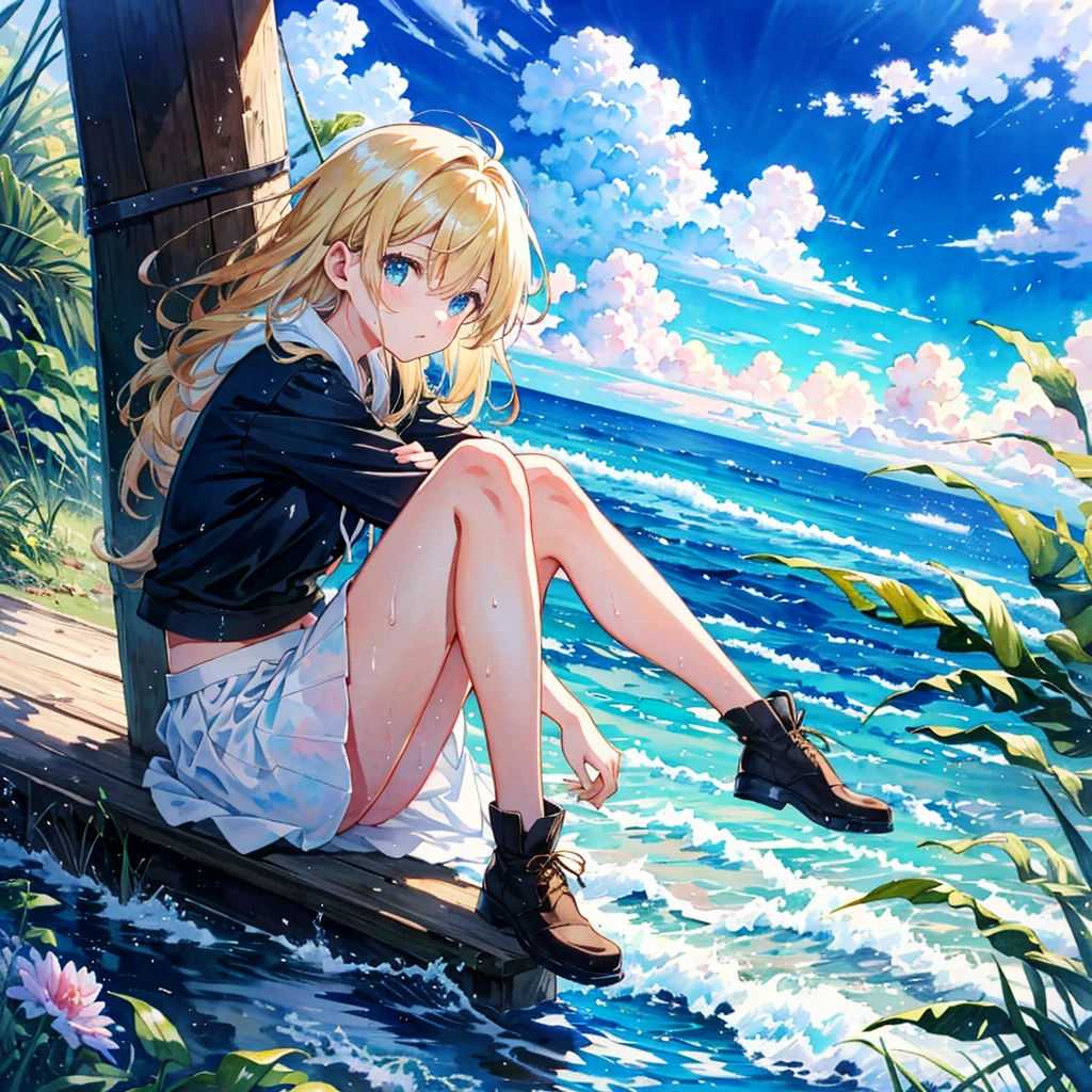 , young, short limbs, (Pastel color:0.8), (watercolor:1.2), (masterpiece:1.1), hi-res, 4k, extremely delicate and beautiful art, anime, beautiful detailed eyes, 1 anime girl, a girl sitting on the ground, lean back with arms behind back, knees up, a futuristic flying object, wind, blue sky with clouds, bare midriff, long hair, the water's edge, dutch angle, blond hair, blue eyes, wet clothes, white skirt,