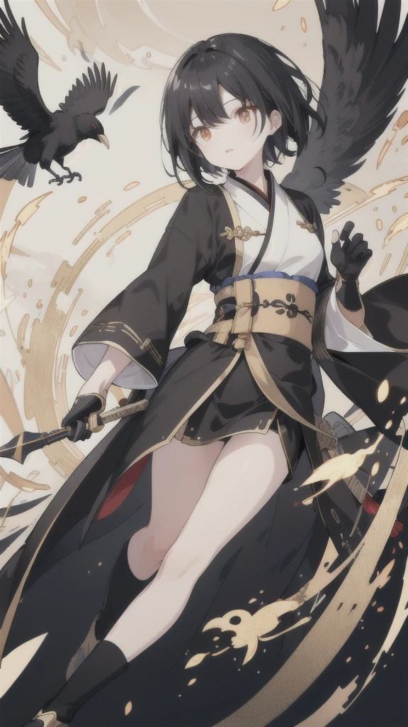 short black hair,Golden pupils,Black Hanfu and armor,Black long knife,crow flying in the air,black stockings,Wearing a black glove on the left hand