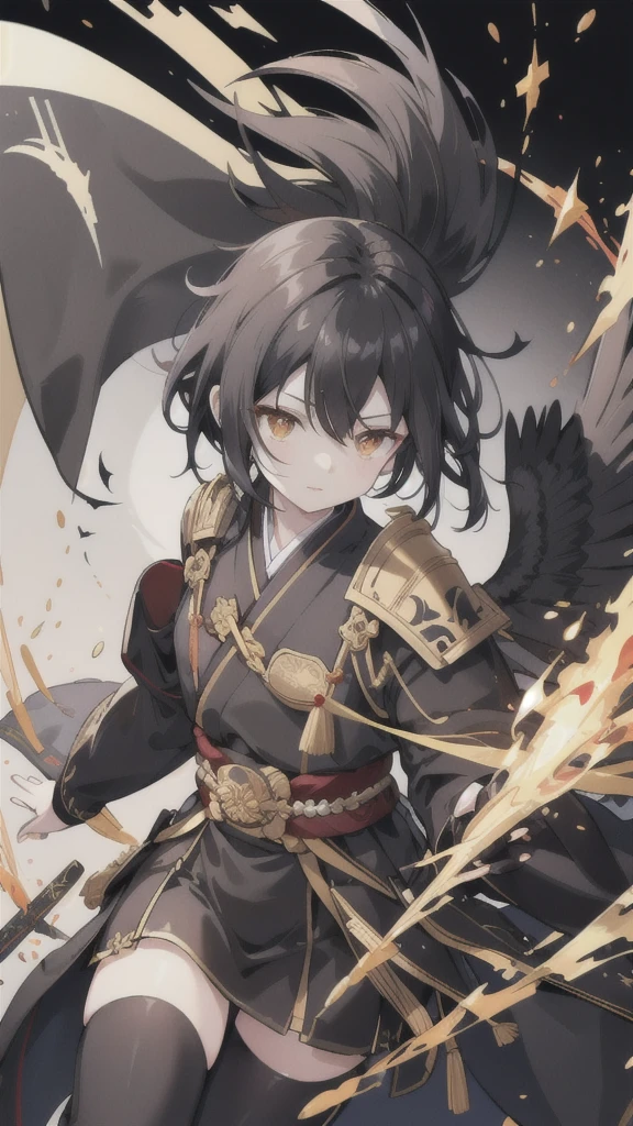 short black hair,Golden pupils,Black Hanfu and armor,Black long knife,crow flying in the air,black stockings,Wearing a black glove on the left hand