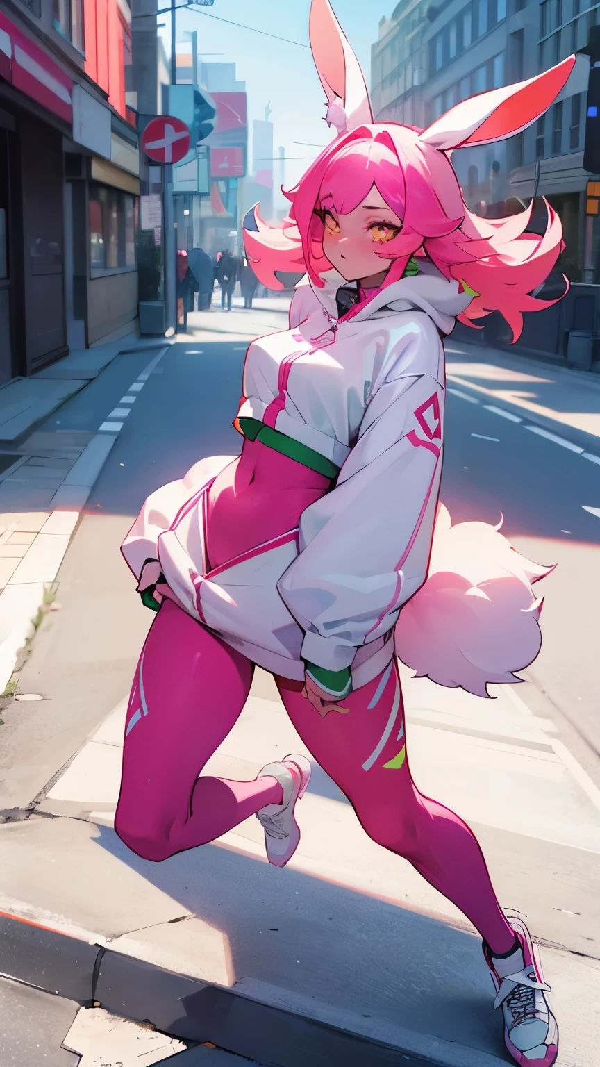 a beautiful bunny girl, modern world, Fluffy , highly detailed clothing, narrow pupils, full body shot, sexy, Bunny Ears , woman, great shapes, dynamic art, Rabbit Tail Girl, Modern Clothes, City, Bright Colors, Street style, sexy,  woman, Woman hare, street clothes, Sportswear, sexy, bright colors, rabbit 