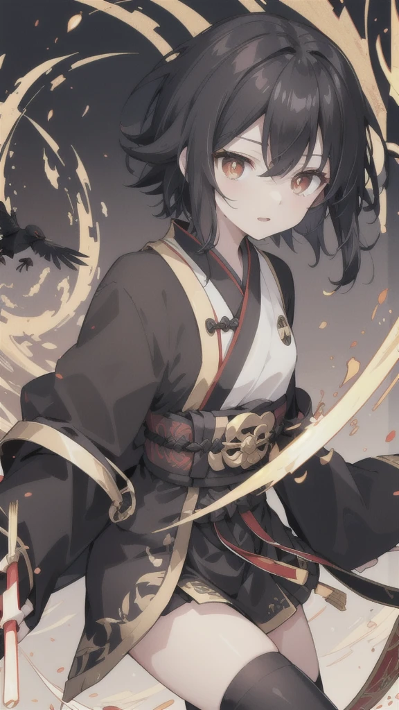 short black hair，Golden pupils，Black Hanfu and armor，Black long knife，crow flying in the air，black stockings，Wearing a black glove on the left hand