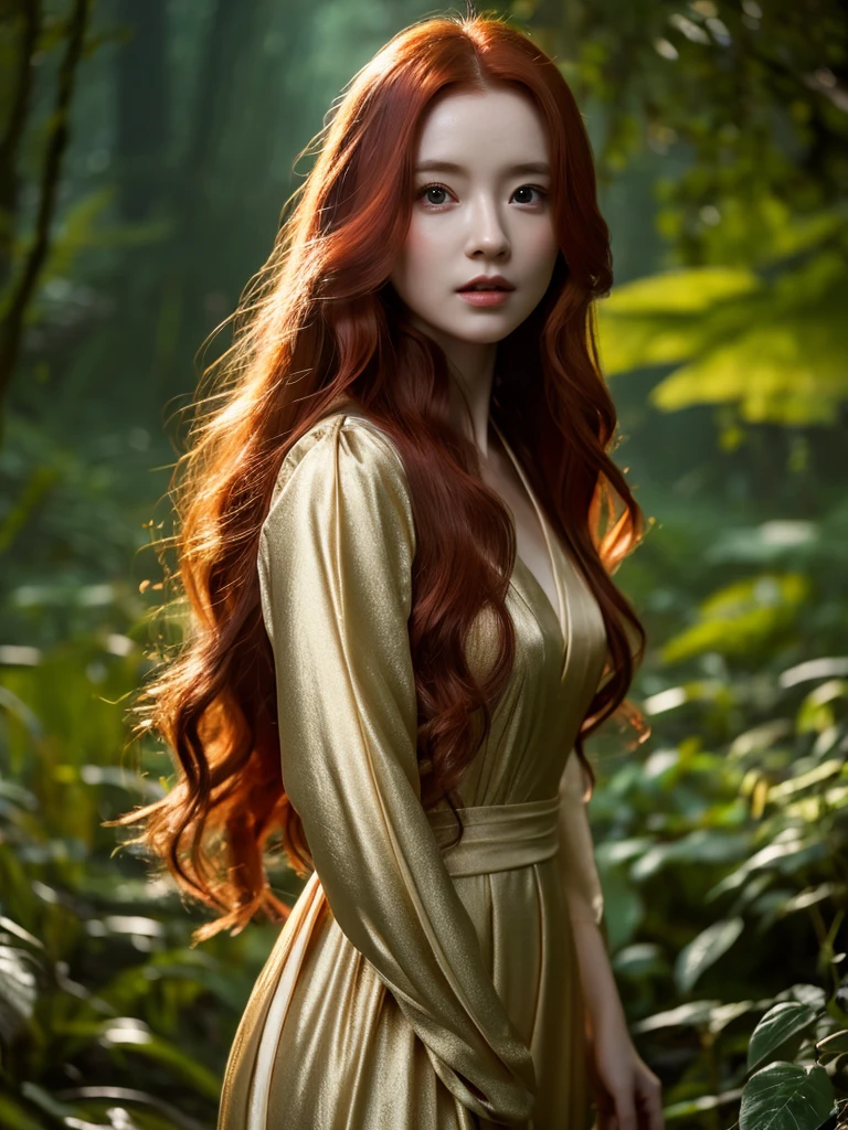 a beautiful redheaded asian girl, long silky hair, wearing an elegant elf dress, in a dense forest with no sunlight, detailed face and eyes, masterpiece, 8k, photorealistic, cinematic lighting, warm color tones, magical fantasy atmosphere