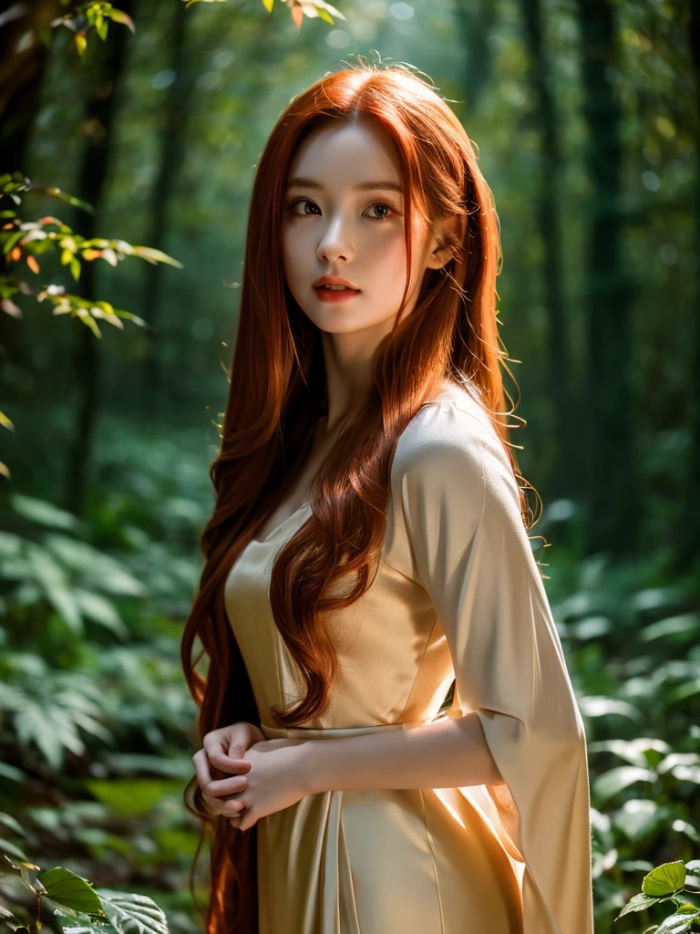 a beautiful redheaded asian girl, long silky hair, wearing an elegant elf dress, in a dense forest with no sunlight, detailed face and eyes, masterpiece, 8k, photorealistic, cinematic lighting, warm color tones, magical fantasy atmosphere