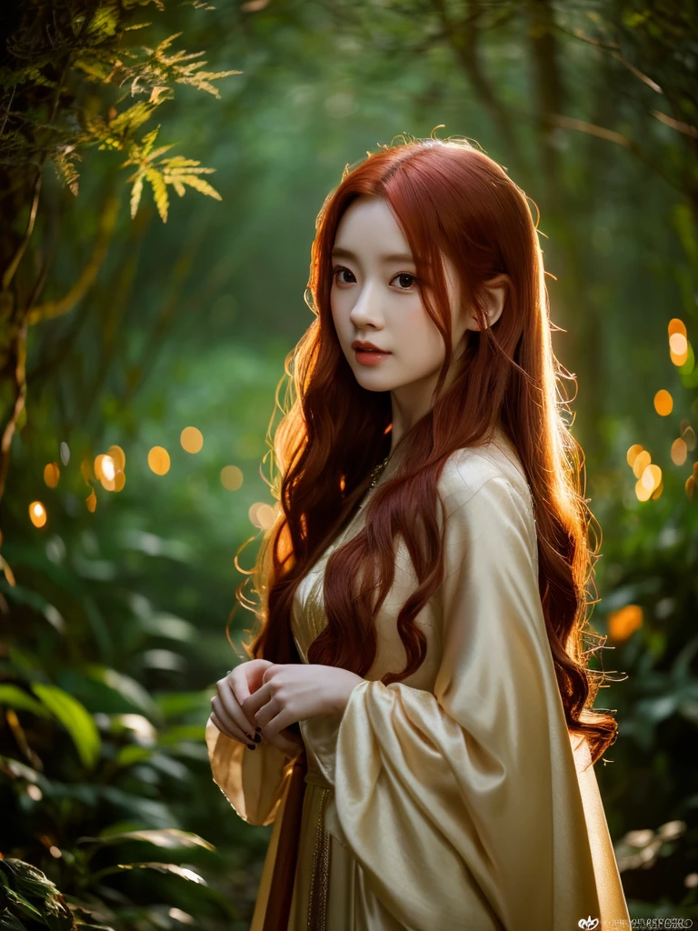 a beautiful redheaded asian girl, long silky hair, wearing an elegant elf dress, in a dense forest with no sunlight, detailed face and eyes, masterpiece, 8k, photorealistic, cinematic lighting, warm color tones, magical fantasy atmosphere