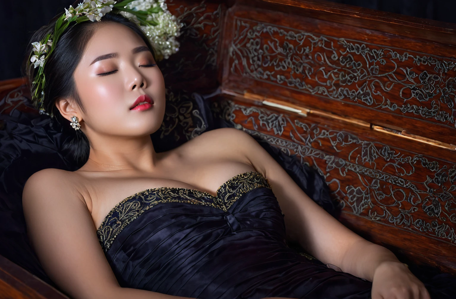 In a striking 8K HDR scene, a stunning Korean woman, 22 years old, lies peacefully in a black coffin surrounded by plush pillows. The deep box is set against a rich black background, accentuating the beauty of the subject. Her exquisite deep-V neckline kebaya attire is embroidered with superb detail, showcasing her round and firm breasts, perfect cleavage, and beautiful eyebrows. Her closed eyes and mouth give an air of serenity, while her visible and absolute cleavage leave nothing to imagination. The scene is bathed in saturated colors, highlighting every intricate aspect from the ball skirt to her clean face, straight body, detailed hand perfect hands, straight body, own hands together, own hand on stomach, detailed hands, perfect hands.