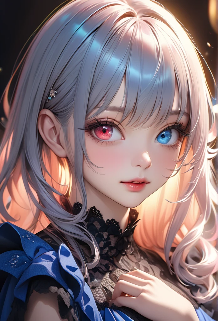 Devilishly cute charming girl, ((((Heterochromia - red and blue eye color))))、Through the bangs, Beautiful attention to detail, Beautiful lip detail, Highly detailed face, Devilish gesture, Attractive eyes, Long eyelashes, One girl, Digital Art, pastel colour, Soft lighting, Cinematic, romantic, ether, elegant, stylish, fashionable, Mischievous:1.2, (Highest quality,16K,High resolution,masterpiece:1.2),Super detailed,(Ultra-realistic,Realistic,Photorealistic:1.37)
