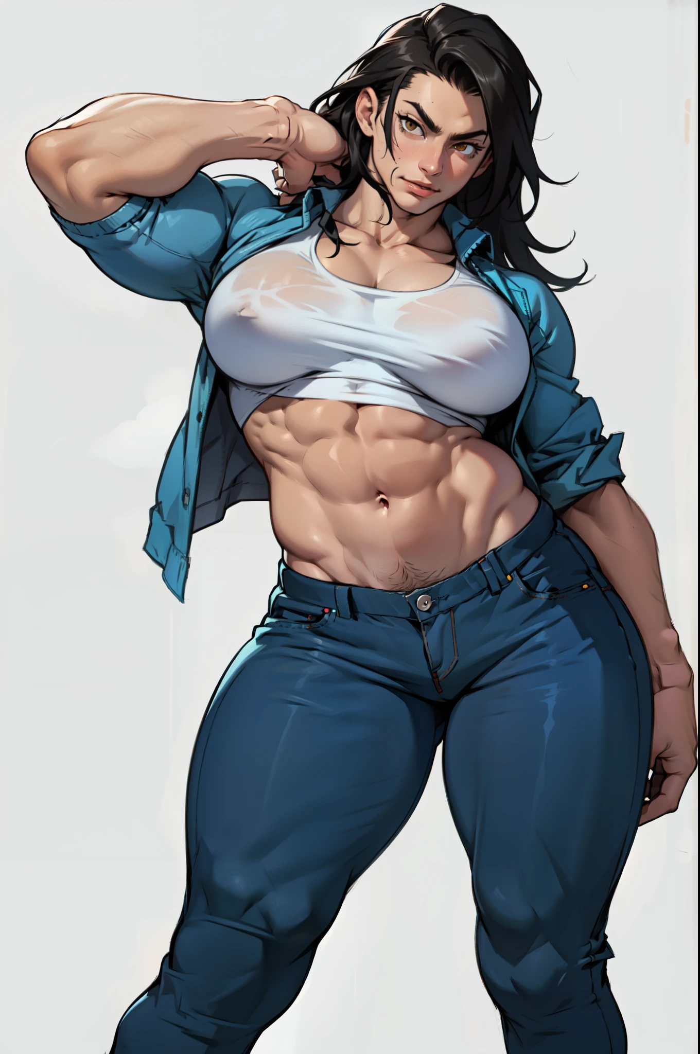 female pale skin 1girl muscular toned body huge breasts thick thighs black hair yellow eyes bodybuilder (tight shirt and pants full body long hair)