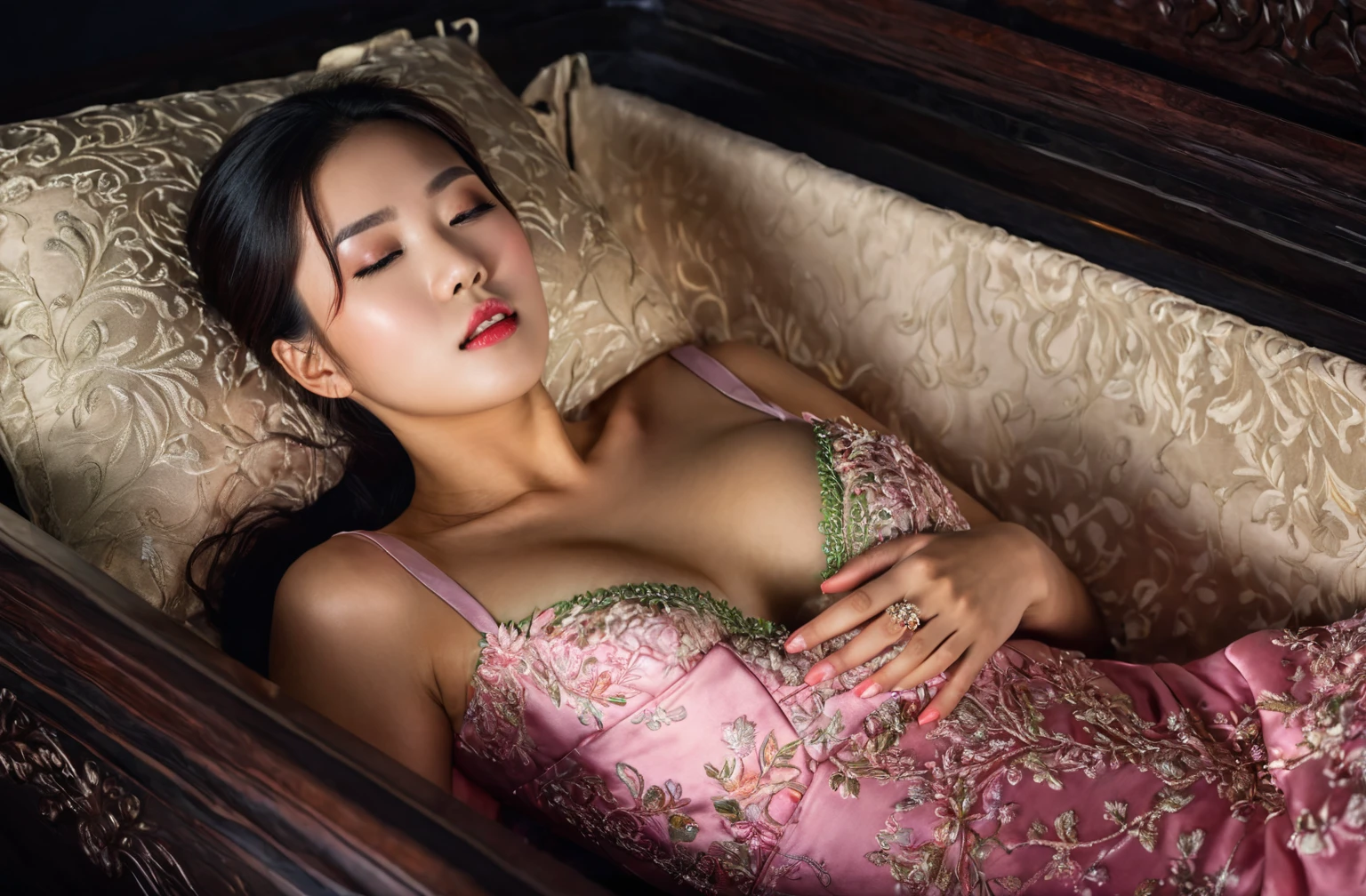 In a striking 8K HDR scene, a stunning Korean woman, 22 years old, lies peacefully in a black coffin surrounded by plush pillows. The deep box is set against a rich black background, accentuating the beauty of the subject. Her exquisite deep-V neckline kebaya attire is embroidered with superb detail, showcasing her round and firm breasts, perfect cleavage, and beautiful eyebrows. Her closed eyes and mouth give an air of serenity, while her visible and absolute cleavage leave nothing to imagination. The scene is bathed in saturated colors, highlighting every intricate aspect from the ball skirt to her clean face, straight body, detailed hand perfect hands, straight body, own hands together, own hand on stomach, detailed hands, perfect hands.