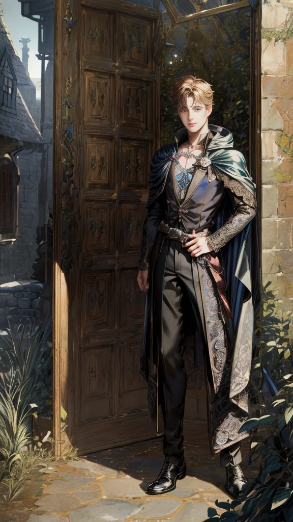(absurdres, highres, ultra detailed, HDR), masterpiece, Intricate details,best quality picture of a character from Octopath Traveler, handsome boy with original Hair color, tim burton style, anime eyes, see through Outfit showing Chest with cape in a random color, detailed town scenery, detailed character, art kenouji jack harkness angered