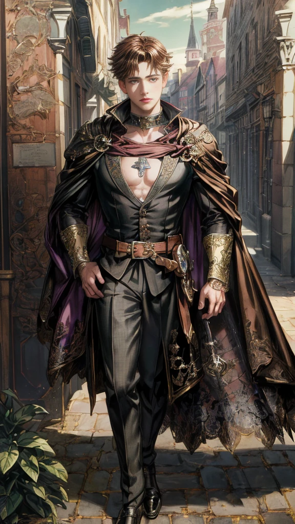 lac34rmor, wearing (black lace priest robe), see-through, dynamic pose, medieval fantasy background, church, pectorals, abs, flaccid, best quality, masterpiece, detailed background, depth of field, intricate details