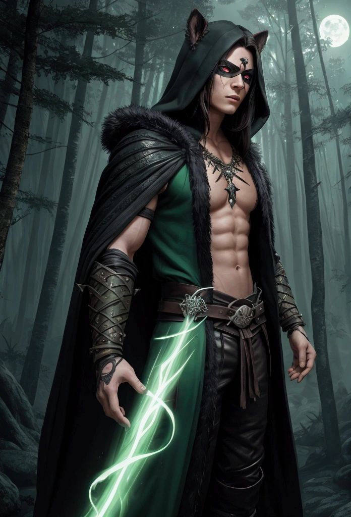 Dark exposure; dynamic pose; Pinterest art comic style; colored; aesthetic; ambient occlusion; 8K; soft painting; intricare scenery; dark fantasy art style; drawing; strong lineart; young male with long straight hair; very long ears; tribal robe made of leather and fur with hood; green shirt; hair ornaments; tribal ornaments; dense forest scenery; very dark night; bright moon; green spell aura; blind folded; character concept