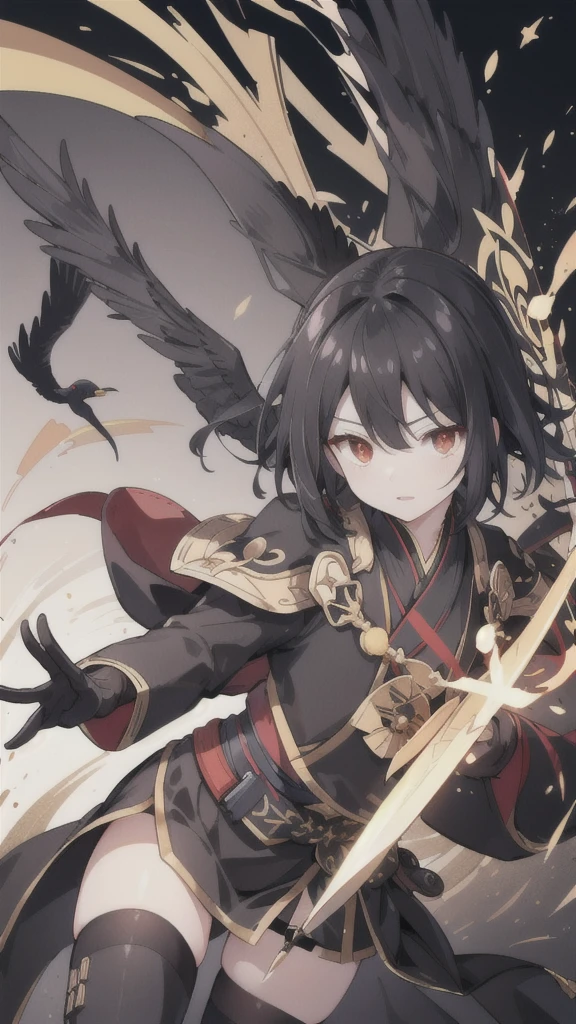 short black hair,Golden pupils,Black Hanfu and armor,Black long knife,crow flying in the air,black stockings,Wearing a black glove on the left hand