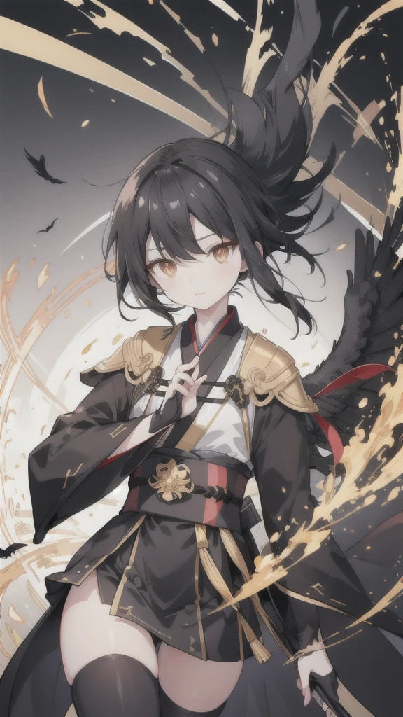 short black hair，Golden pupils，Black Hanfu and armor，Black long knife，crow flying in the air，black stockings，Wearing a black glove on the left hand