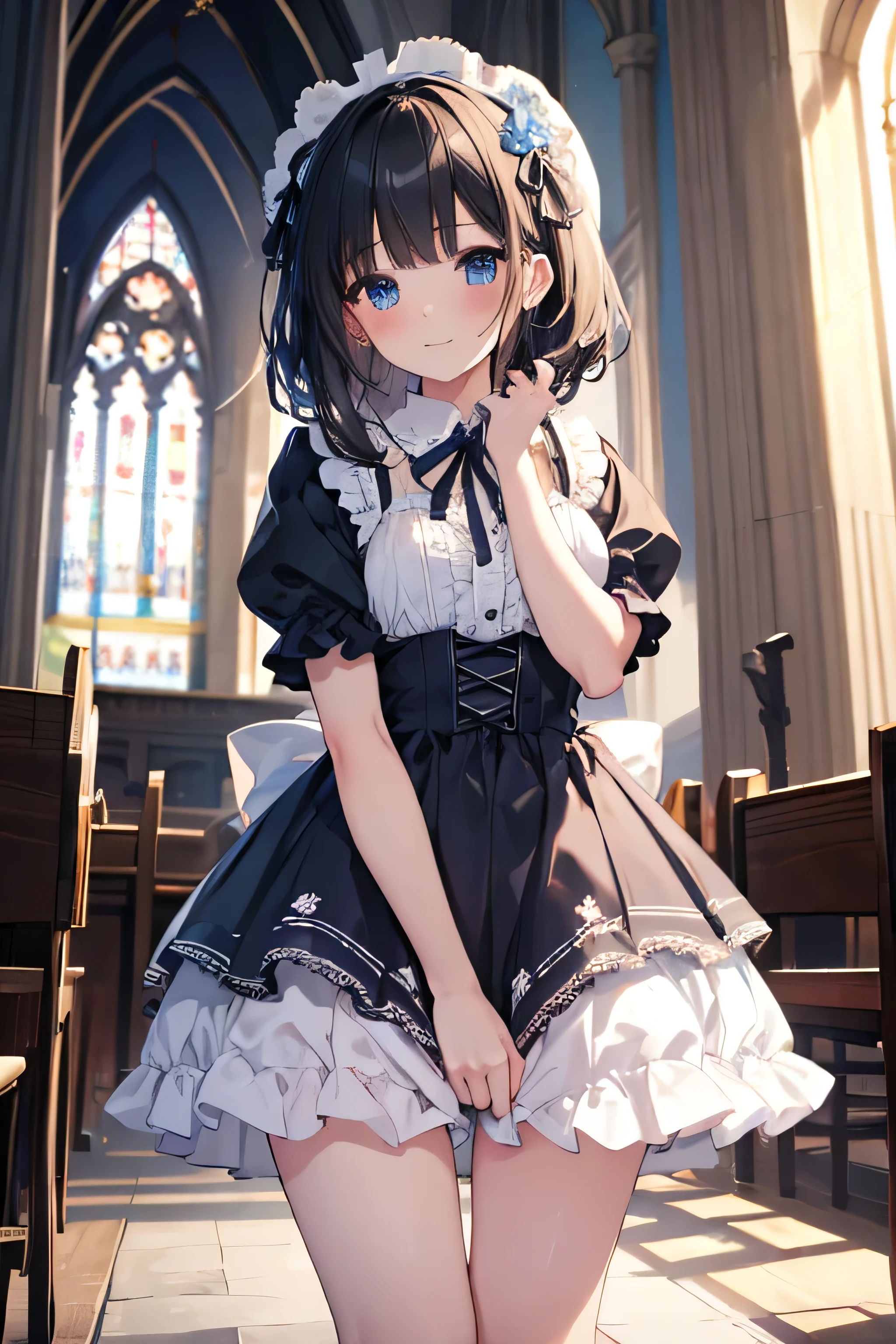 very cute and beautiful girl,(Very beautiful face and eyes), (smile),blush,Black Hair,Cowboy Shot,View your audience,Kneel, (A blue lolita dress with floral patterns and fine frills.),Quality lace,(Skirt flip,White panties), altar,church,indoor, (Highest quality,masterpiece:1.0),Absurd,High resolution,Very detailedな,Very detailed,32K,8k resolution, Intricate details,Movie Scenes,Detailed Background,alone,Dynamic Angle,Perfect hands,