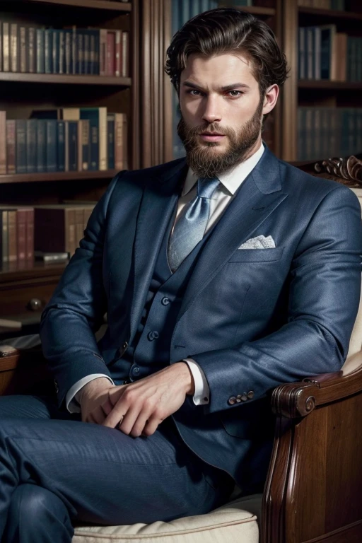 (Man in elegant clothes), ), (wearing a long, full beard,) (blue colored eyes) Attractive and serious appearance, dark  brown hair, elegant and elegant, and blue suit with a strong body, Man similar to actor Jamie Dornan, (high quality and realistic image), in the background a brown library sitting in an armchair, ((best qualityer, 8k, master part).