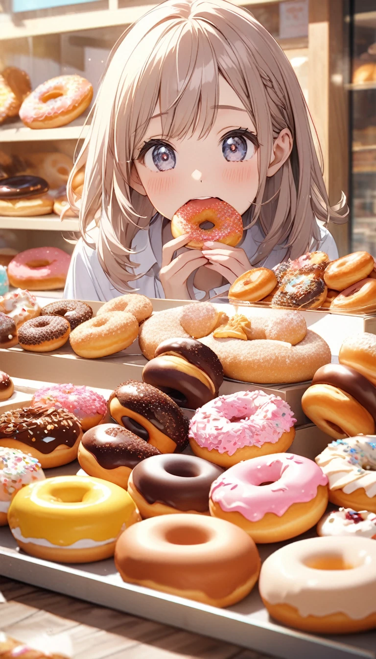 Beautiful, cute and lively donut shop.Host a tasting event.Close-up of cute girl eating donuts.Beautiful and extremely textured foreground and background，detailed, bright, Animation style high definition and high quality presentation((Masterpieces in up to 16K resolution):1.6),((soft_color_photography:)1.5), ((Super detailed):1.4),((Typical static images and dynamic angles):1.3),