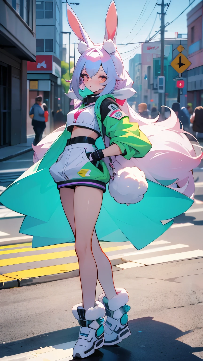 a beautiful bunny girl, modern world, Fluffy , highly detailed clothing, narrow pupils, full body shot, sexy, Bunny Ears , woman, great shapes, dynamic art, Rabbit Tail Girl, Modern Clothes, City, Bright Colors, Street style, sexy, woman, Woman hare, street clothes, Sportswear, sexy, bright colors, rabbit