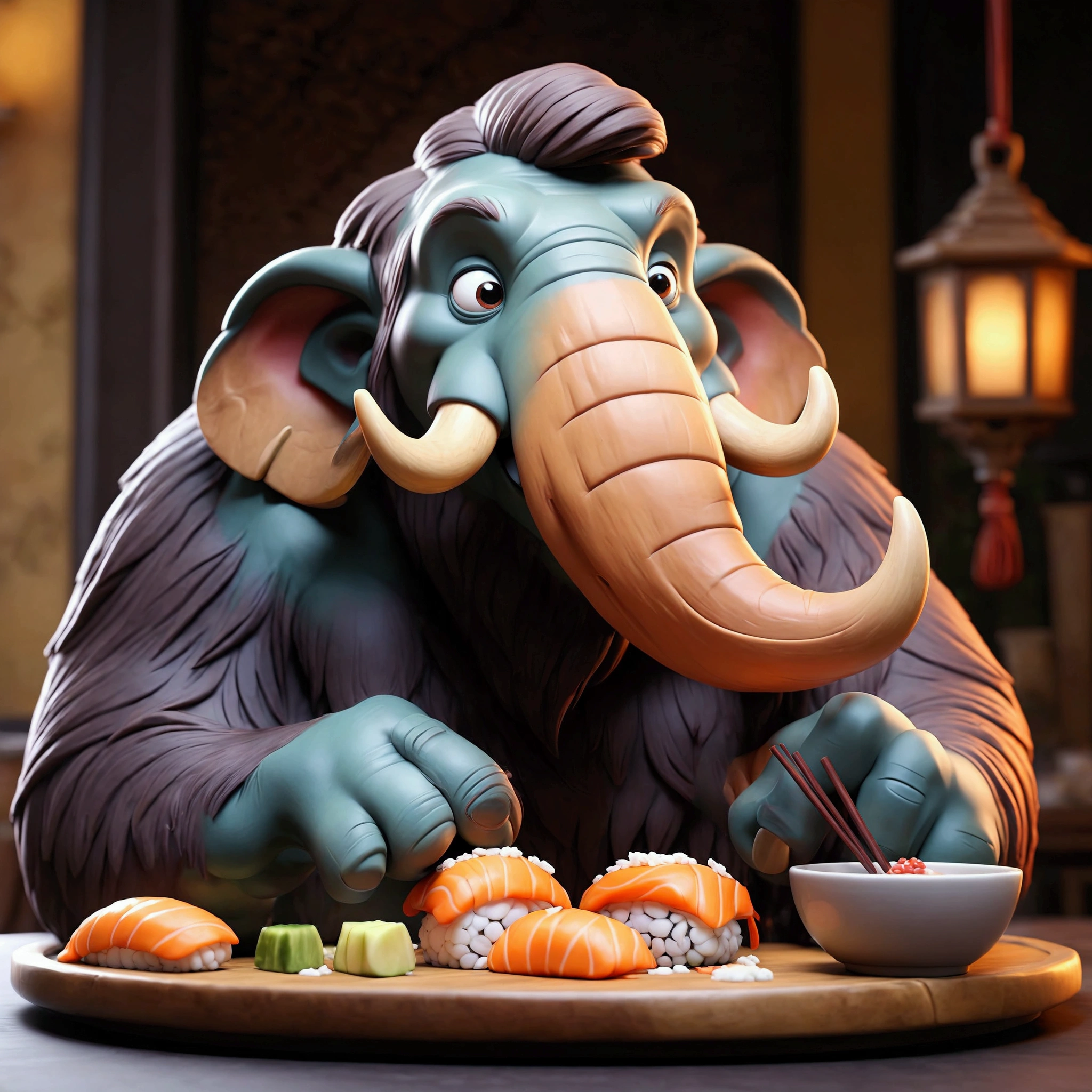 a mammoth, 3D Disney Pixar style, sitting eating sushi