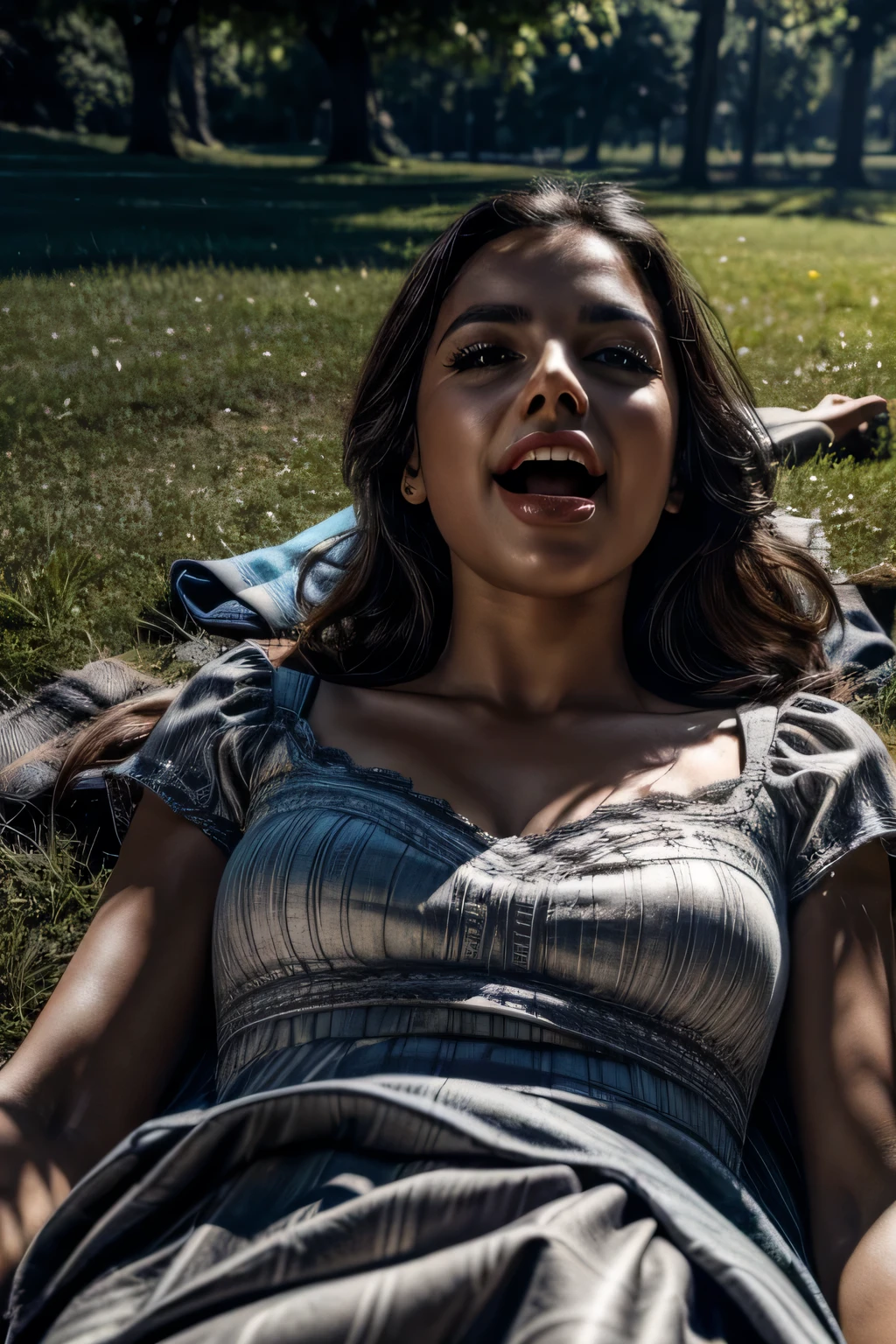 Woman lying on the lawn of a park with her mouth open and tongue out. 4K resolution captures every detail, from the texture of the dress's fabric to the delicate play of shadows and light on the skin. vivid, emotionally charged moment."