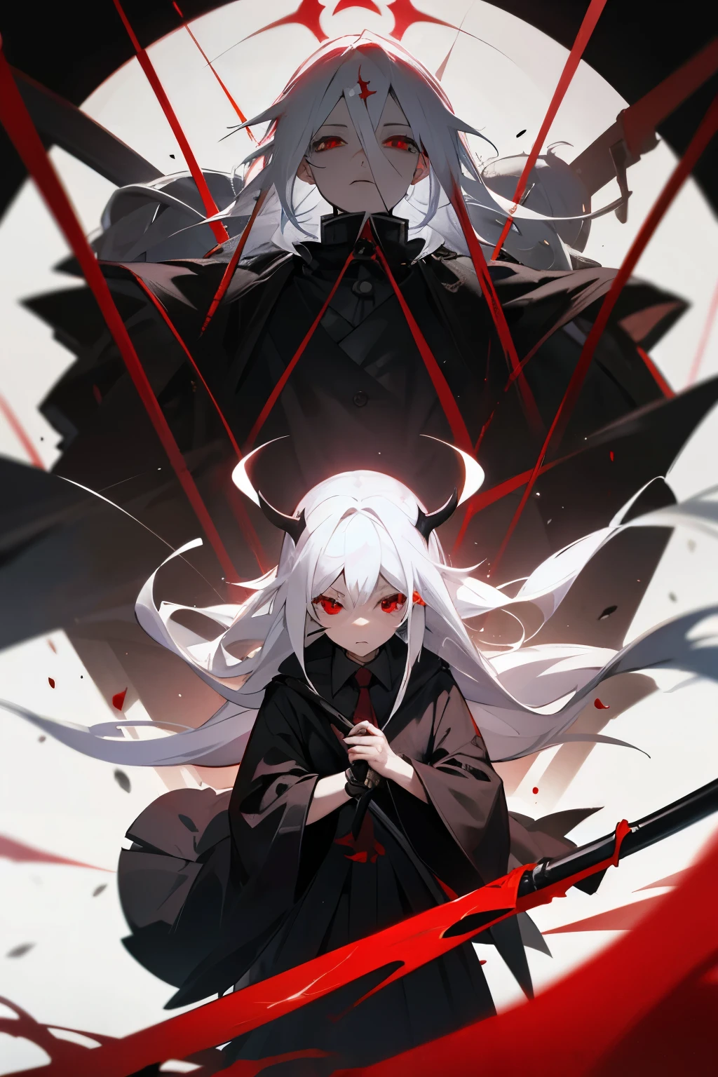Red eyes, white hair, a scythe bigger than a young girl from hell