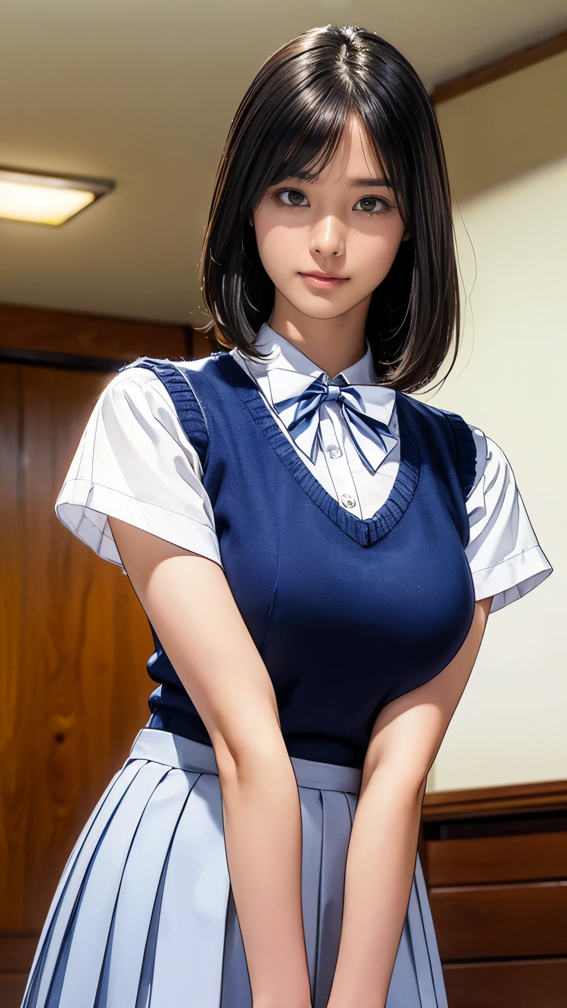 (masterpiece:1.2, Highest quality), (Realistic, photoRealistic:1.4), (Large Breasts:1.5), Beautiful illustrations, (Natural Side Lighting, Cinema Lighting), Written boundary depth, Looking at the audience, (Face Focus, Upper Body), Front view, 1 girl, Japanese, high school girl, , Perfect Face, Symmetrical cute face, Glowing Skin, (Bob Hair:1.7,Black Hair), Asymmetrical bangs, Big eyes, Droopy eyes, long eyelashes chest), thin, Beautiful Hair, Beautiful Face, Beautiful and beautiful eyes, Beautiful clavicle, Beautiful body, Beautiful breasts, Beautiful thighs, Beautiful legs, Beautiful fingers, ((Quality fabric texture, brown knit vest, Short sleeve white collar shirt, Navy Pleated Skirt, Navy bow tie)), (Beautiful views), evening, (Inside the flower shop), Are standing, (smile, Superior, Open your mouth), (From below:1.5),(Poor visibility:1.5), (From below)