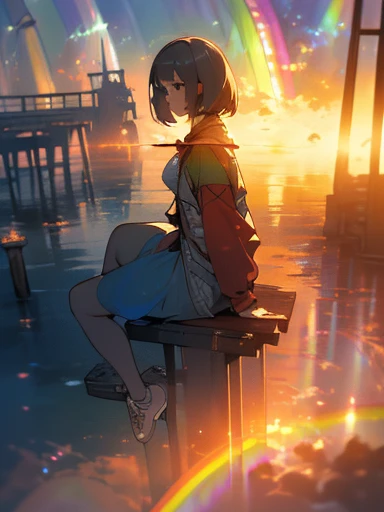 Very beautiful girl in profile with unique features, Matte bluish-gray eyes, Thick lips, Short Bob Hair, Gray Hair, Long sideburns, (((The girl is sitting on the edge of the pier))), Blood-red plastic jacket, bikini, White high top sneakers, whole body, Small, round breasts, Thick thighs, Big Ass, Narrow waist, Hot Girls, {Highly detailed 16K CG unit wallpaper}, Vast landscape photography, (Bottom view with focus on characters and settings), (Wide open view), (Low angle shot), (highlight: 1.4), (Low Light: 1.2), (Warm light source: 1.7), Intricate details, (Rainbow colors: 1.8), (Bright lighting), (Atmospheric lighting), dream-like, sexy, Chills