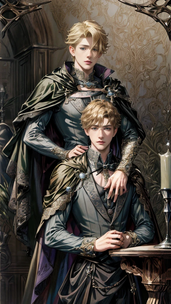 (absurdres, highres, ultra detailed, HDR), masterpiece, Intricate details,best quality picture of a character from Octopath Traveler, handsome teen boy blonde harassed, tim burton style, anime eyes, see through Outfit showing Chest with cape in a random color, detailed town scenery, detailed character, art kenouji jack harkness angered