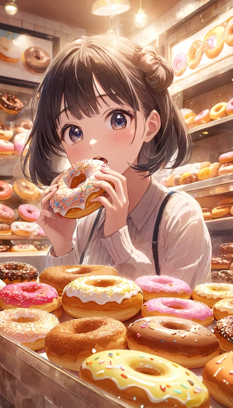 Beautiful, cute and lively donut shop.Host a tasting event.Close-up of cute girl eating donuts.Beautiful and extremely textured foreground and background，detailed, bright, Animation style high definition and high quality presentation((Masterpieces in up to 16K resolution):1.6),((soft_color_photography:)1.5), ((Super detailed):1.4),((Typical static images and dynamic angles):1.3),
