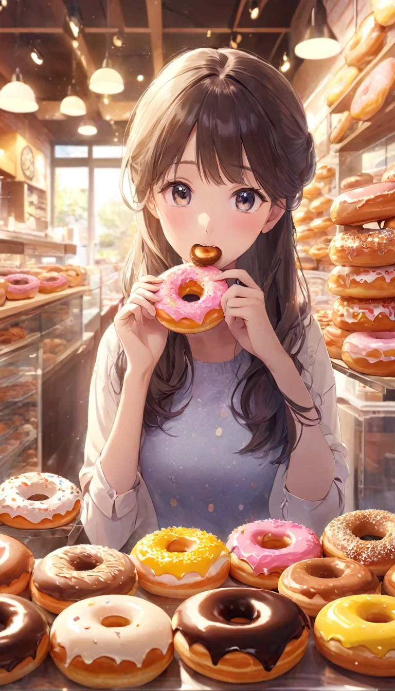 Beautiful, cute and lively donut shop.Host a tasting event.Close-up of girl eating donuts.Beautiful and extremely textured foreground and background,detailed, bright, Animation style high definition and high quality presentation((Masterpieces in up to 16K resolution):1.6),((soft_color_photography:)1.5), ((Super detailed):1.4),((Typical static images and dynamic angles):1.3),