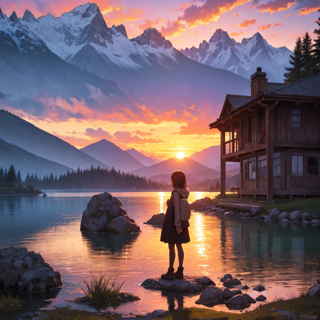 far shot of a girl standing by a lake, surrounded by mountains and a beautiful sunset with many colors