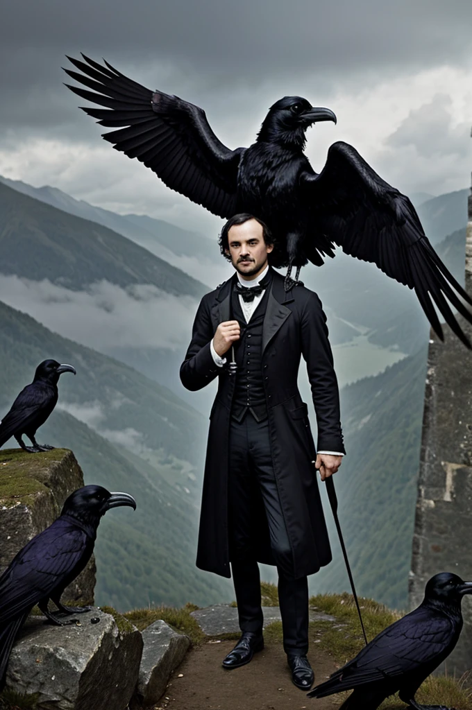 Edgar Allan Poe with four ravens on his shoulders on a rainy mountain