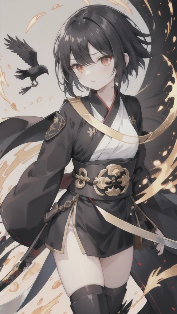 short black hair,Golden pupils,Black Hanfu and armor,Black long knife,crow flying in the air,black stockings,Wearing a black glove on the left hand,silvery white flame