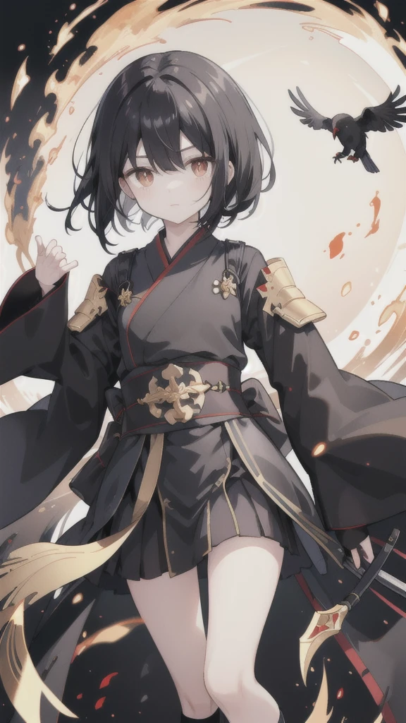 short black hair，Golden pupils，Black Hanfu and armor，Black long knife，crow flying in the air，black stockings，Wearing a black glove on the left hand，silvery white flame