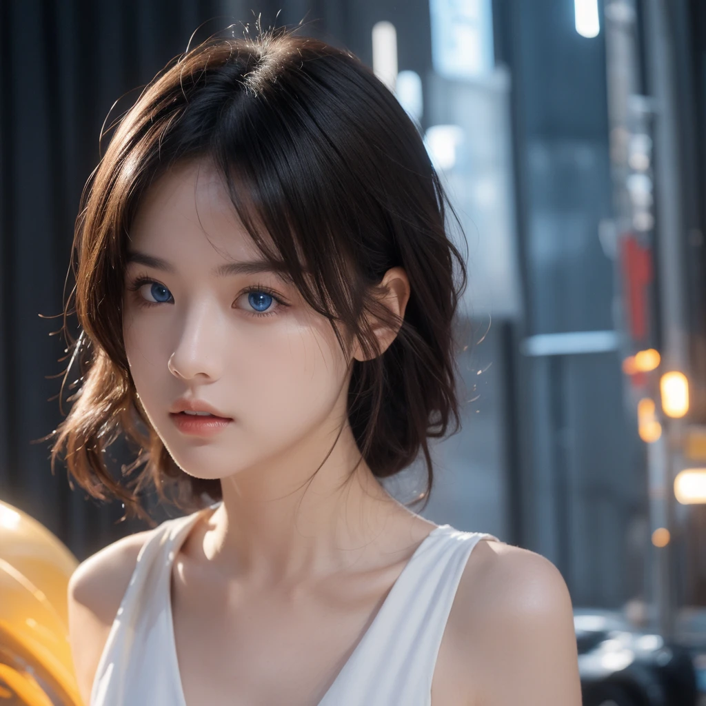 Highest Quality,perfect masterpiece,Perfect Artwork,Formula works,8K,, (Upper body portrait:1.3),((Seen from the side:1.5)),close-up lenses,Delicate face,, 17 year old brown-haired girl,(hakuhatsu:1.5),Short and medium hair,(Blue transparent eyes:1.5)),(White Dress:1.2),(Transparent clothing:1.2),(Black background:1.3),, Pearl Illusion,Cyberpunk,fashion trend,3S Material,hight resolution,Detailed expression,C4D,。.3D,Octane Rendering,Ray tracing,intricate-detail,Animated Lighting,Okrenderer,