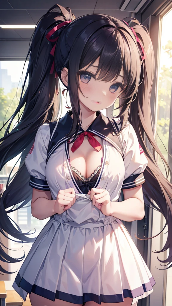 masterpiece, highest quality, One Girl, Thighs, beautiful girl, Flowers, たくさんの小さなflowerびら, flower、Small waist, RAWphotograph,Bright lighting、Face Light, Ultra-realistic, High resolution, photograph, Sharp focus, Highly detailed eyes and face,Symmetrical face, whole body、Large Breasts、Long Hair、チラリと見えるThighs、Emphasized cleavage、Red mini skirt、White high heels、White lace shirt、Brown cardigan、Big red ribbon、White sneakers、Red School Bag