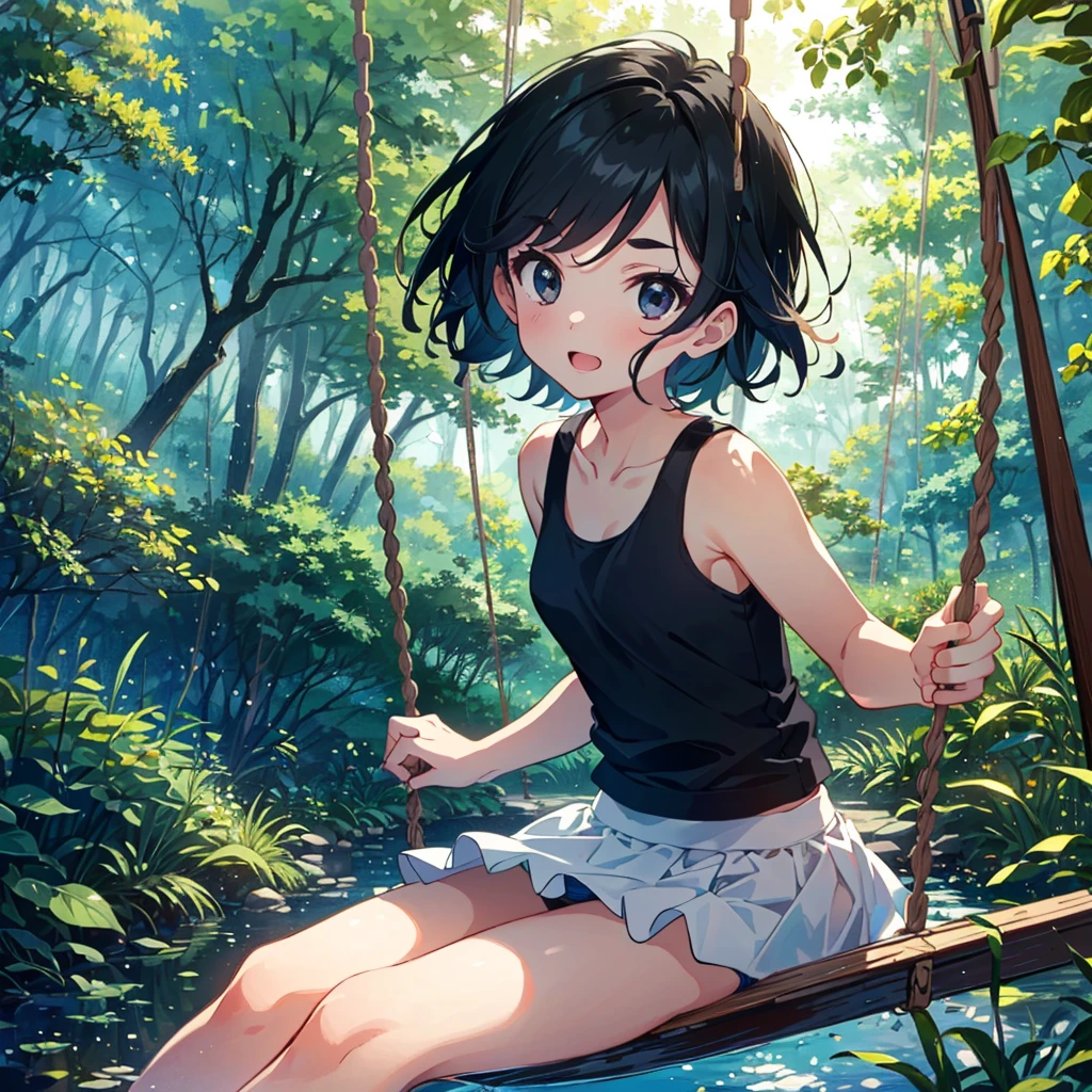 best quality, (beautiful),illustration style, anime style, masterpiece, extremely fine and beautiful, illustration,Forest,
(Girl strongly rowing on a swing:1.3),
1 girl,(child:1.3),((happy:1.2)),
((tank top:1.2)),(miniskirt),(dynamic angle),cute face, thin eyebrows, thin lips, big eyes, black hair, black eyes,small breasts,Wind,((showing panties)),