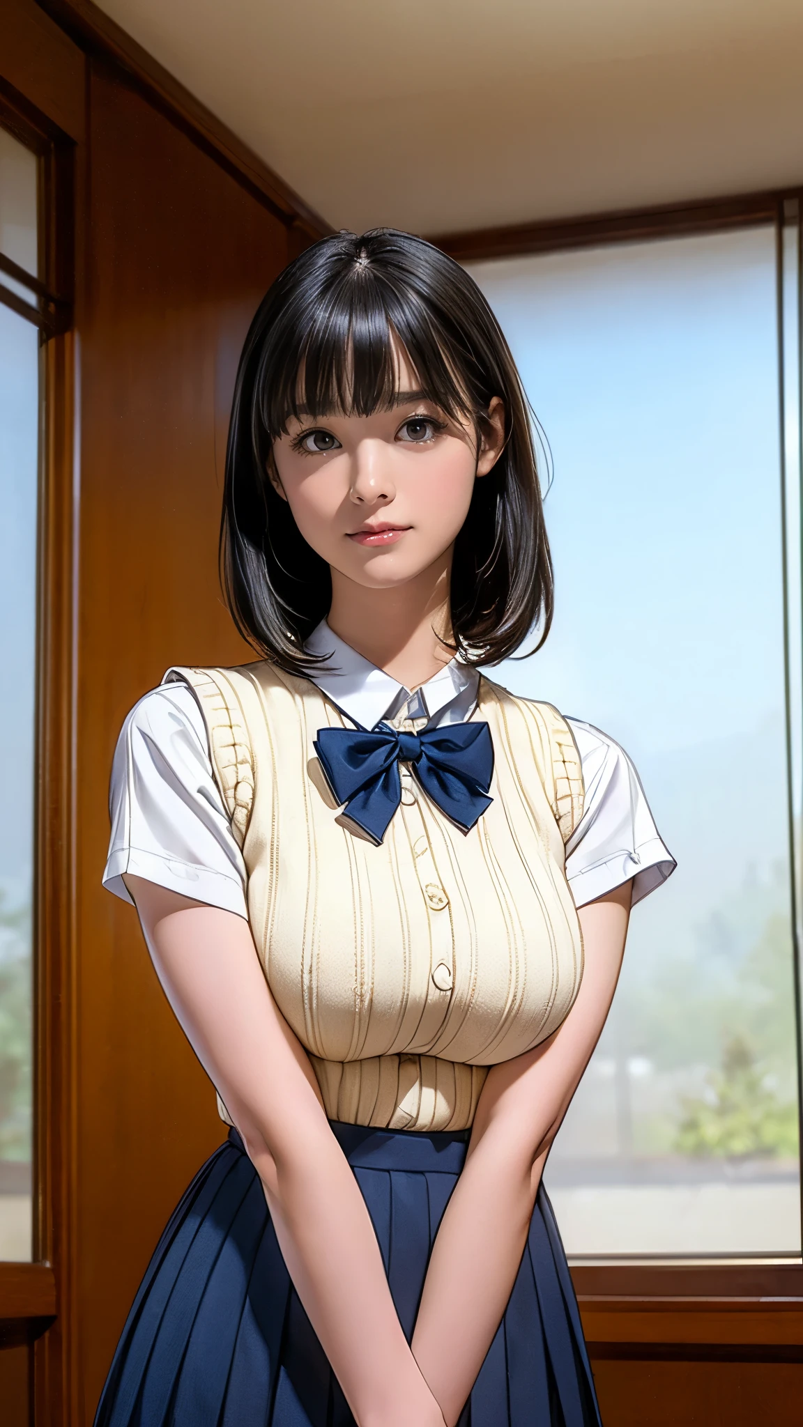 (masterpiece:1.2, Highest quality), (Realistic, photoRealistic:1.4), (Large Breasts:1.5), Beautiful illustrations, (Natural Side Lighting, Cinema Lighting), Written boundary depth, Looking at the audience, (Face Focus, Upper Body), Front view, 1 girl, Japanese, high school girl, 15 years old, Perfect Face, Symmetrical cute face, Glowing Skin, (Bob Hair:1.7,Black Hair), Asymmetrical bangs, Big eyes, Droopy eyes, long eyelashes chest), thin, Beautiful Hair, Beautiful Face, Beautiful and beautiful eyes, Beautiful clavicle, Beautiful body, Beautiful breasts, Beautiful thighs, Beautiful legs, Beautiful fingers, ((Quality fabric texture, brown knit vest, Short sleeve white collar shirt, Navy Pleated Skirt, Navy bow tie)), (Beautiful views), evening, (Inside the flower shop), Are standing, (smile, Superior, Open your mouth), (From below:1.5),(Poor visibility:1.5), (From below)