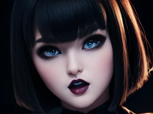 Attractive girl with big blue eyes, White skin, eyeliner and open mouth showing vampire fangs, short black hair with bob style bangs voluminous lips thin nose image 1.2 High Resolution 12k Gothic Makeup Fanart Awesome