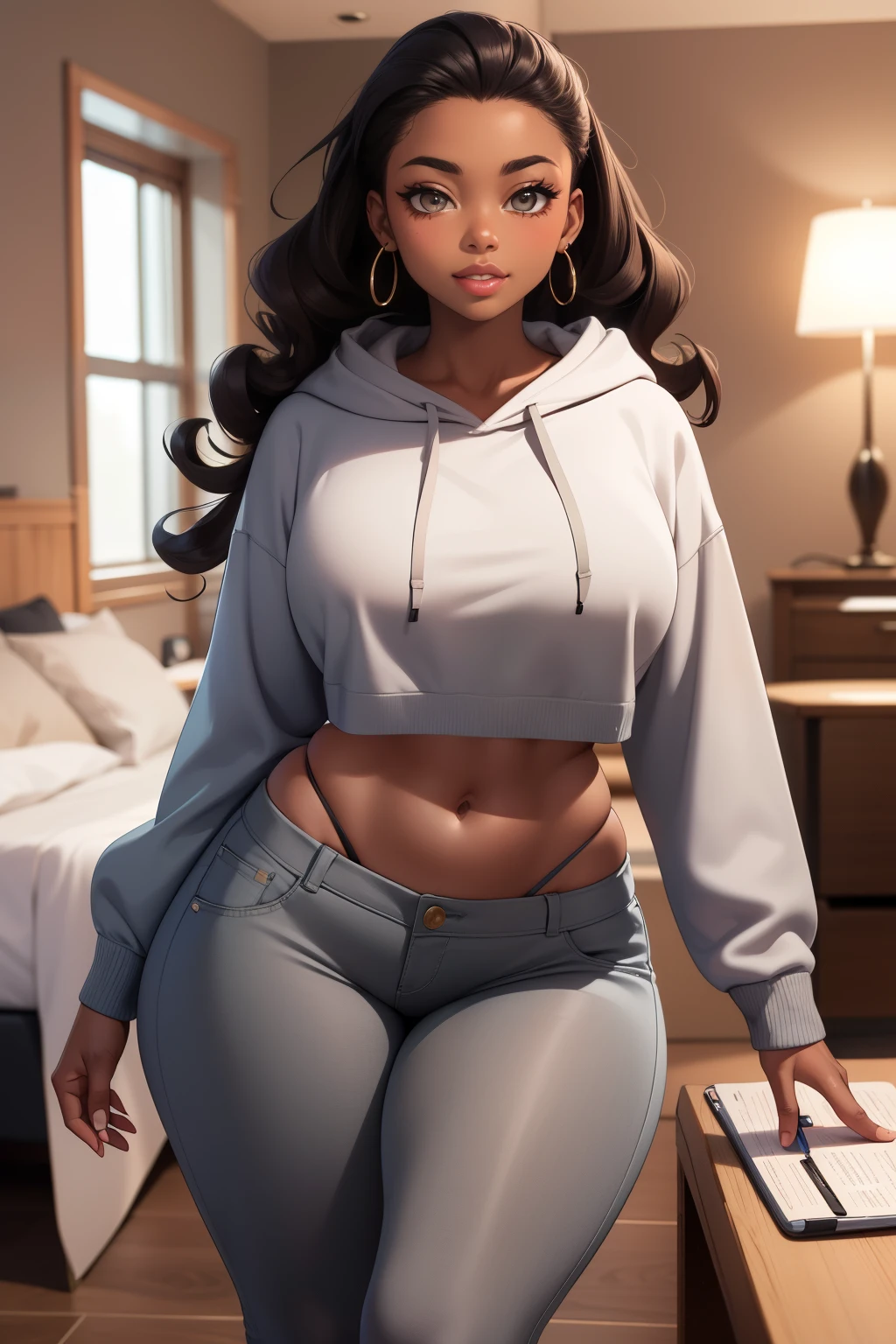 1 young woman, beautiful glowing dark skin, she has hazel curly ringlets long hair, she has beautiful hazel eyes, big full lips, she is wearing a grey hoodie and pants, she has a perfect hourglass body, in her room, slim waist, big thick thighs