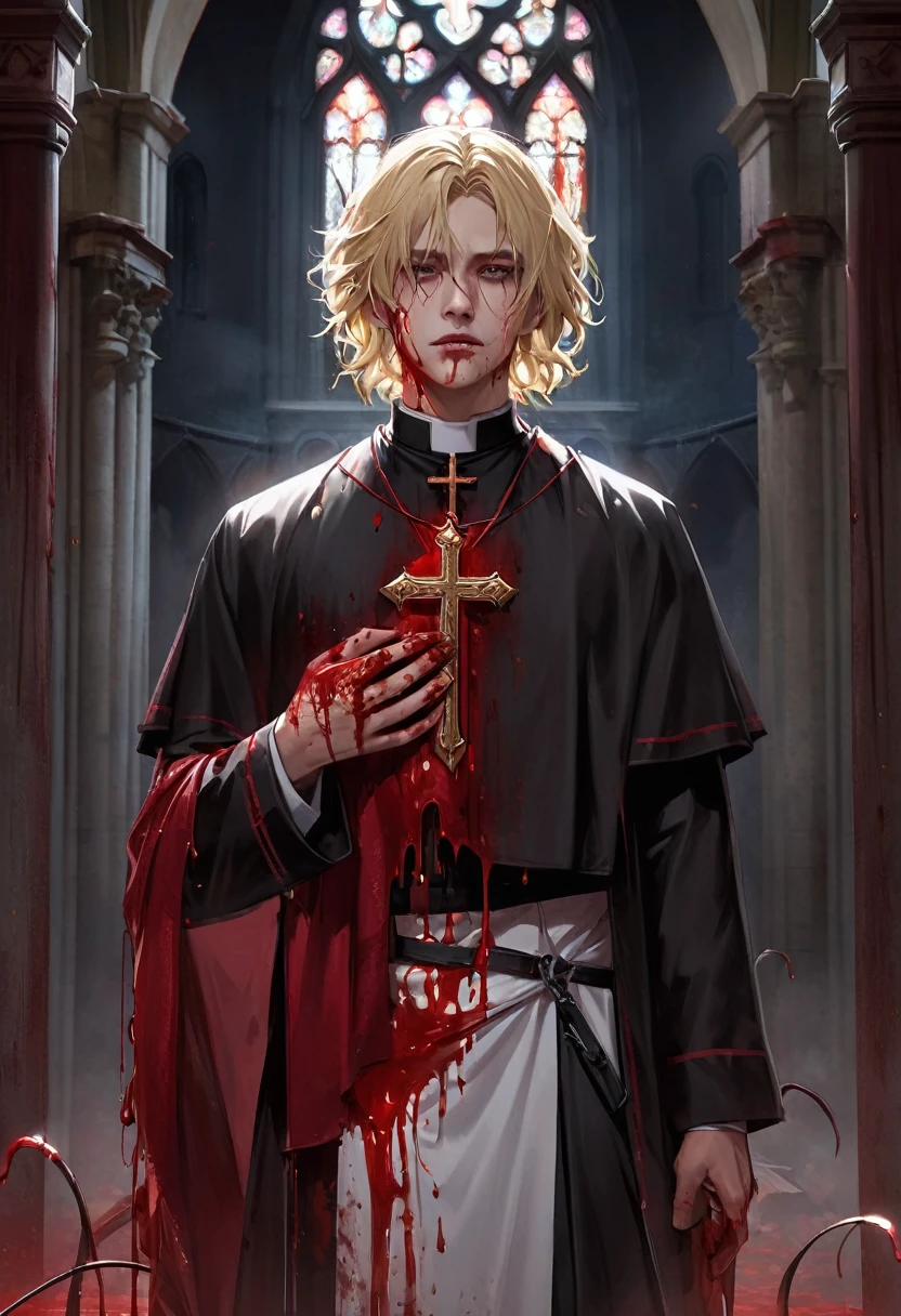 "Realistic Digital Painting with Concept Art Elements"," digital painting," "concept art," "realistic," "high detail", "1boy", "muscular", "wearing priest garment", "blood all over his hands and priest garments", "high-res", "blonde hair", "church", "moonlight", "bible in hand", "full body shot", "ominous aura,", "demon tail underneath priest garments", "bloody garments", "blood all over his face" "detailed-Eyes", "detailed-face", "blood on lips", "blood trickling down chin", "8k resolution", "heavily bloody as the entire garment is coated in red liquid", "soft colors" , "cool ambience" , "blood over the garment.", "praying" , "holding bible"