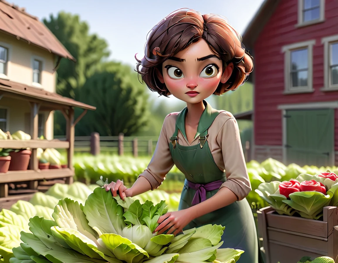 Woman with short hair harvesting lettuce in her garden in the background of a farm