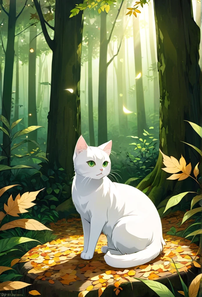 Please draw the white cat Milk and the mysterious forest scenery.。Please create an atmosphere where you can feel the quiet ambient sounds in a dimly lit forest.。Misty tree々or ground covered with fallen leaves、Imagine a scene where gentle light shines in.、Create a relaxing atmosphere。The color is soft.、Stick to deep greens and earth tones。