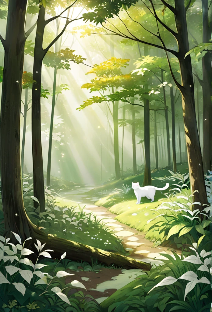 Please draw the white cat Milk and the mysterious forest scenery.。Please create an atmosphere where you can feel the quiet ambient sounds in a dimly lit forest.。Misty tree々or ground covered with fallen leaves、Imagine a scene where gentle light shines in.、Create a relaxing atmosphere。The color is soft.、Stick to deep greens and earth tones。