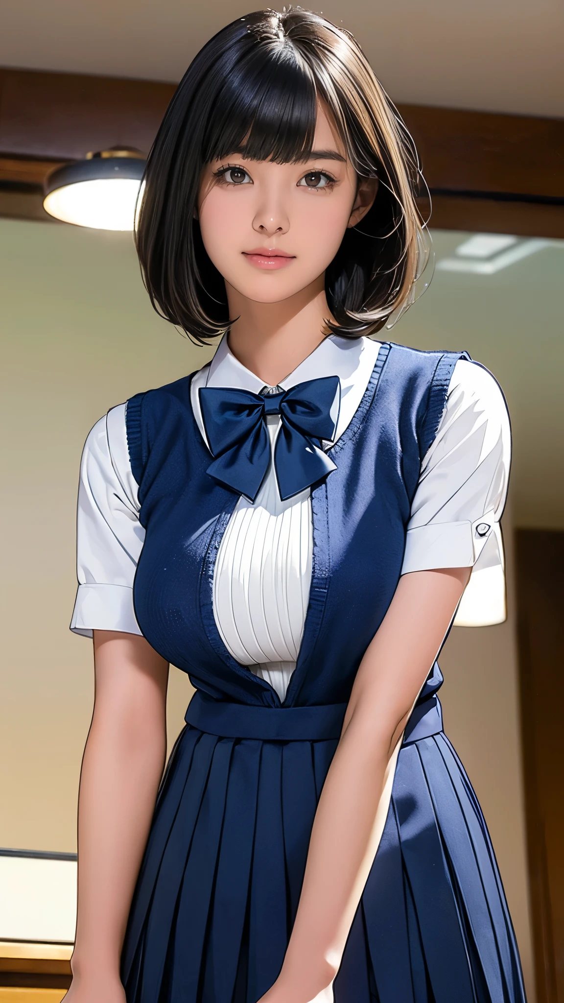 (masterpiece:1.2, Highest quality), (Realistic, photoRealistic:1.4), (Large Breasts:1.5), Beautiful illustrations, (Natural Side Lighting, Cinema Lighting), Written boundary depth, Looking at the audience, (Face Focus, Upper Body), Front view, 1 girl, Japanese, high school girl, , Perfect Face, Symmetrical cute face, Glowing Skin, (Bob Hair:1.7,Black Hair), Asymmetrical bangs, Big eyes, Droopy eyes, long eyelashes chest), thin, Beautiful Hair, Beautiful Face, Beautiful and beautiful eyes, Beautiful clavicle, Beautiful body, Beautiful breasts, Beautiful thighs, Beautiful legs, Beautiful fingers, ((Quality fabric texture, brown knit vest, Short sleeve white collar shirt, Navy Pleated Skirt, Navy bow tie)), (Beautiful views), evening, (Inside the flower shop), Are standing, (smile, Superior, Open your mouth), (From below:1.5),(Poor visibility:1.5), (From below)
