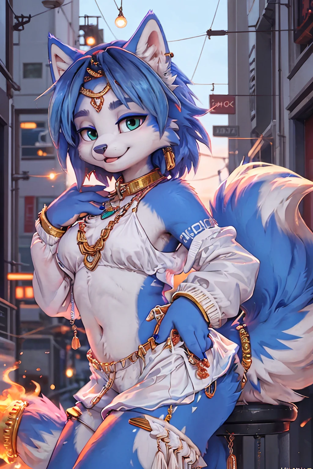 A beautiful and detailed (sweet picture ) wa ((krystal)), Star Fox krystal, sslim, green eyes, medium breasts, (((Long blue hair 1.3))), Decollete, anthro, furry, Uploaded E621, detailed fluffy fur, (wa Fluff-Kevlar, Bayard Wu, personalize me, Pino Daeni), detailed face, (fluffy), 1 girl, alone, Sweet young girl, Viewers look at, smile, 