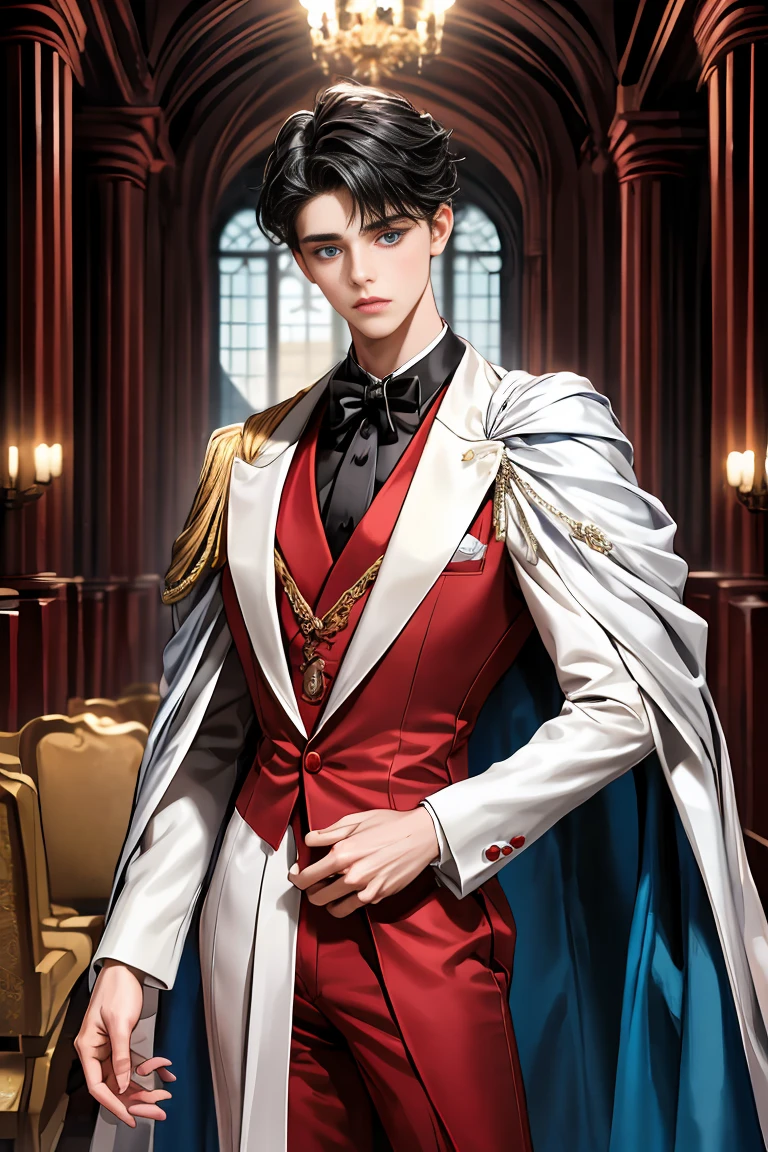 masterpiece, 最high quality, high quality, 1 boy, alone, Male focus, Watching the audience, Messy black hair, Adorable big blue eyes, White, Noble, Noble,A sexy, voluminous, puffy cape、tuxedo、A very voluminous, large, very large, very large, long, long red and black cape with a high stand-up collar, made of a lot of fabric that reaches down to the floor., 17 years old,Cute beautiful boys,Cute, cute, kind, handsome guy
